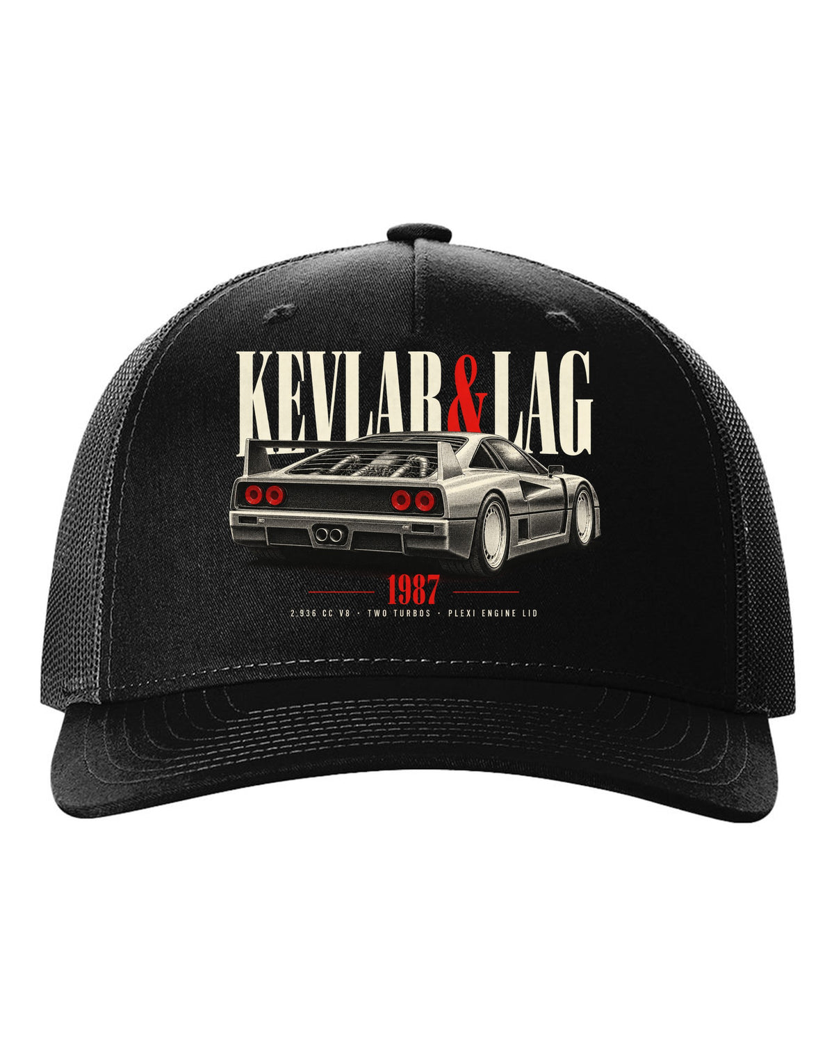 Ferrari F40 1987 rear three-quarter print headed Kevlar and Lag, 2,936 cc V8 black hat front view with the design