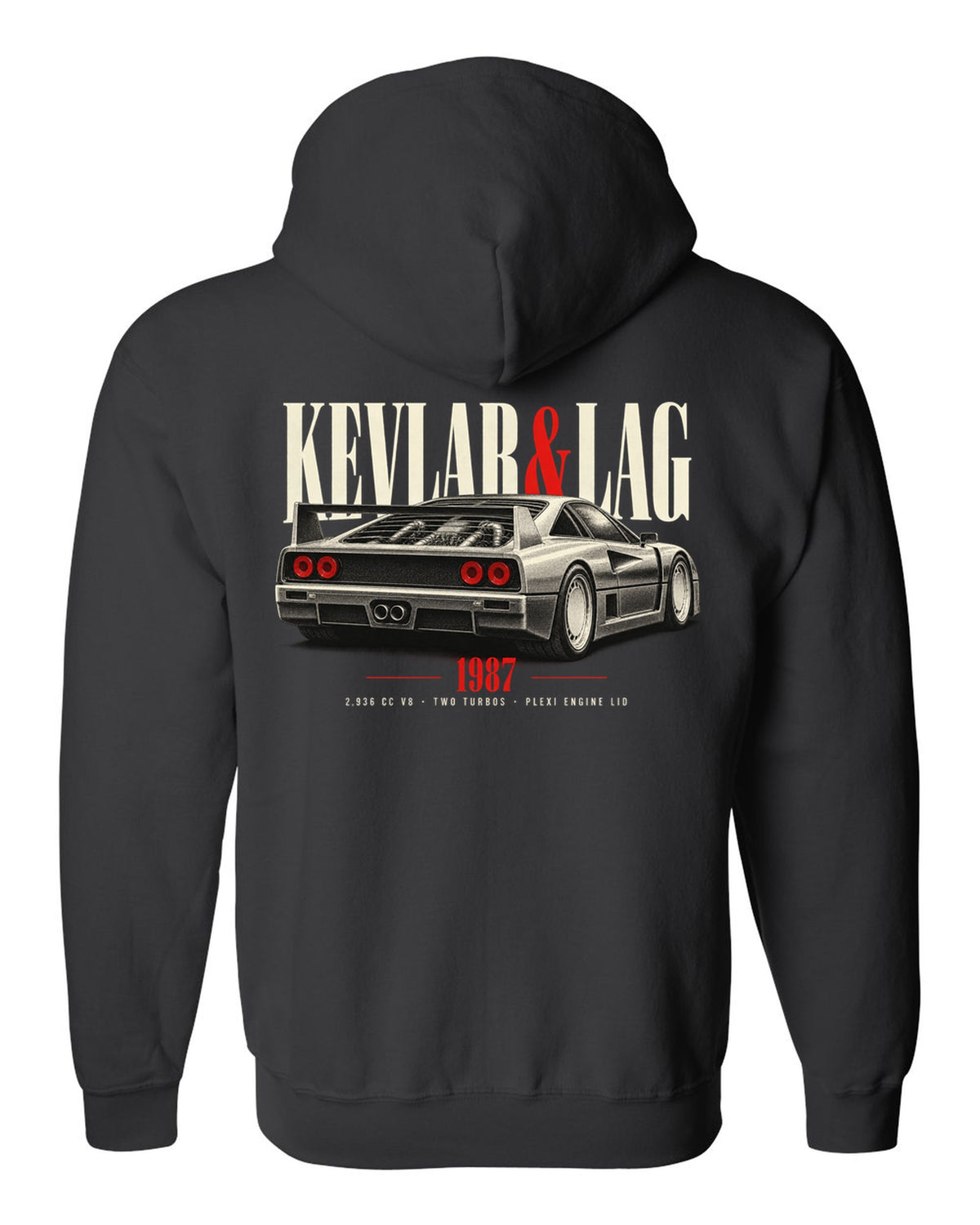 Ferrari F40 1987 rear three-quarter print headed Kevlar and Lag, 2,936 cc V8 black zip hoodie back view with the design