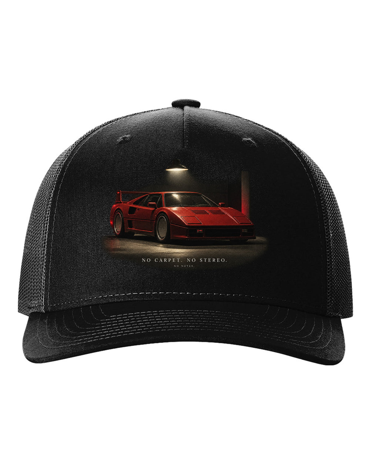 Ferrari F40 1987 front three-quarter at night, print: no carpet, no stereo, no notes black hat front view with the design