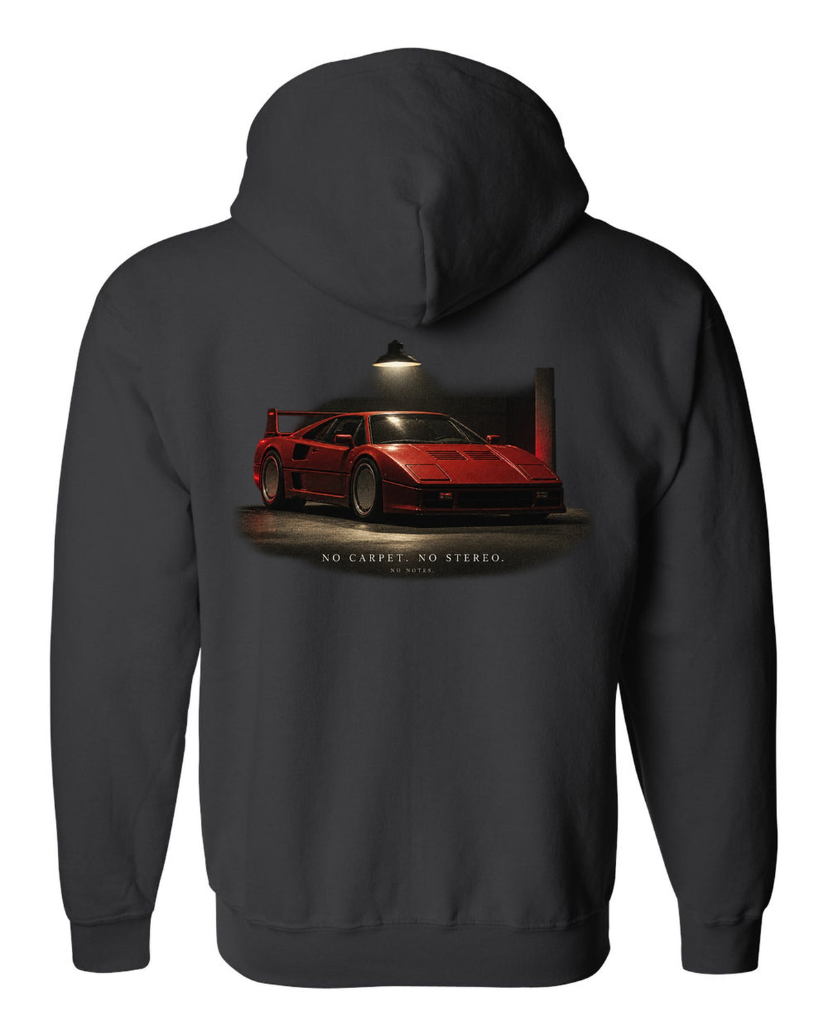Ferrari F40 1987 front three-quarter at night, print: no carpet, no stereo, no notes black zip hoodie back view with the design