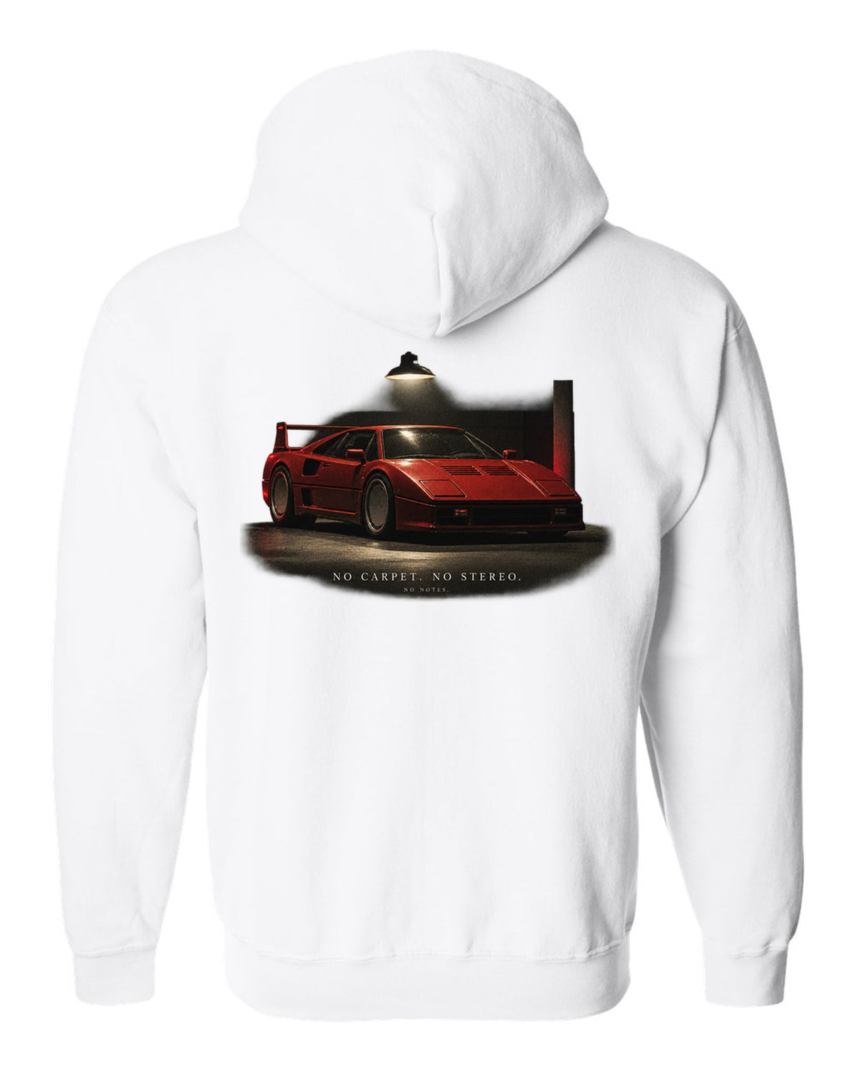 Ferrari F40 1987 front three-quarter at night, print: no carpet, no stereo, no notes white zip hoodie back view with the design