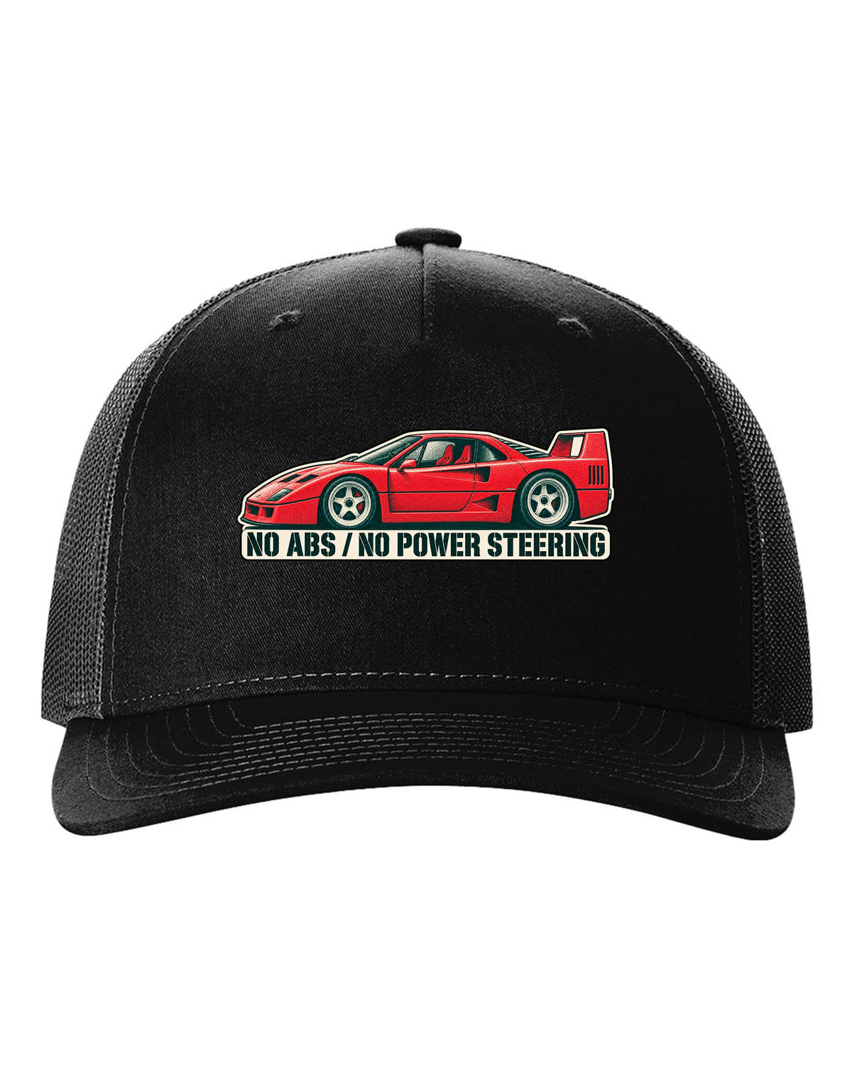 Two-colour halftone risograph print of a 1987 Ferrari F40 F120 with no ABS and no power steering text black hat front view with the design