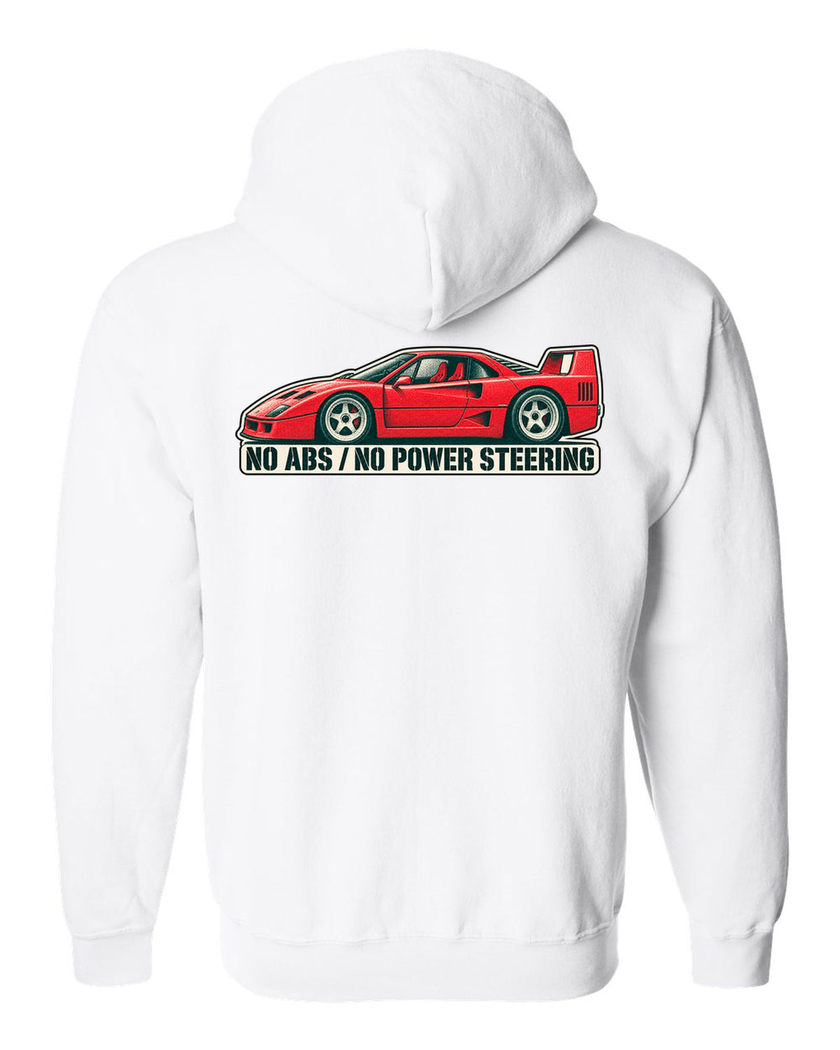 Two-colour halftone risograph print of a 1987 Ferrari F40 F120 with no ABS and no power steering text white zip hoodie back view with the design