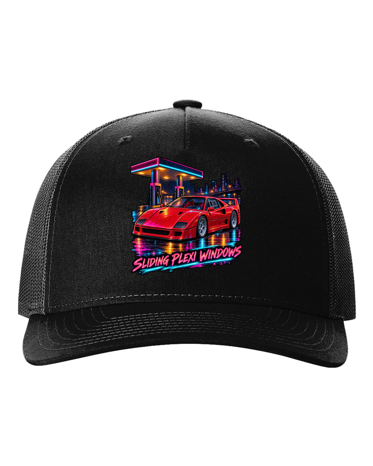 Neon night-city gouache print of a 1987 Ferrari F40 F120 with sliding plexi windows text black hat front view with the design