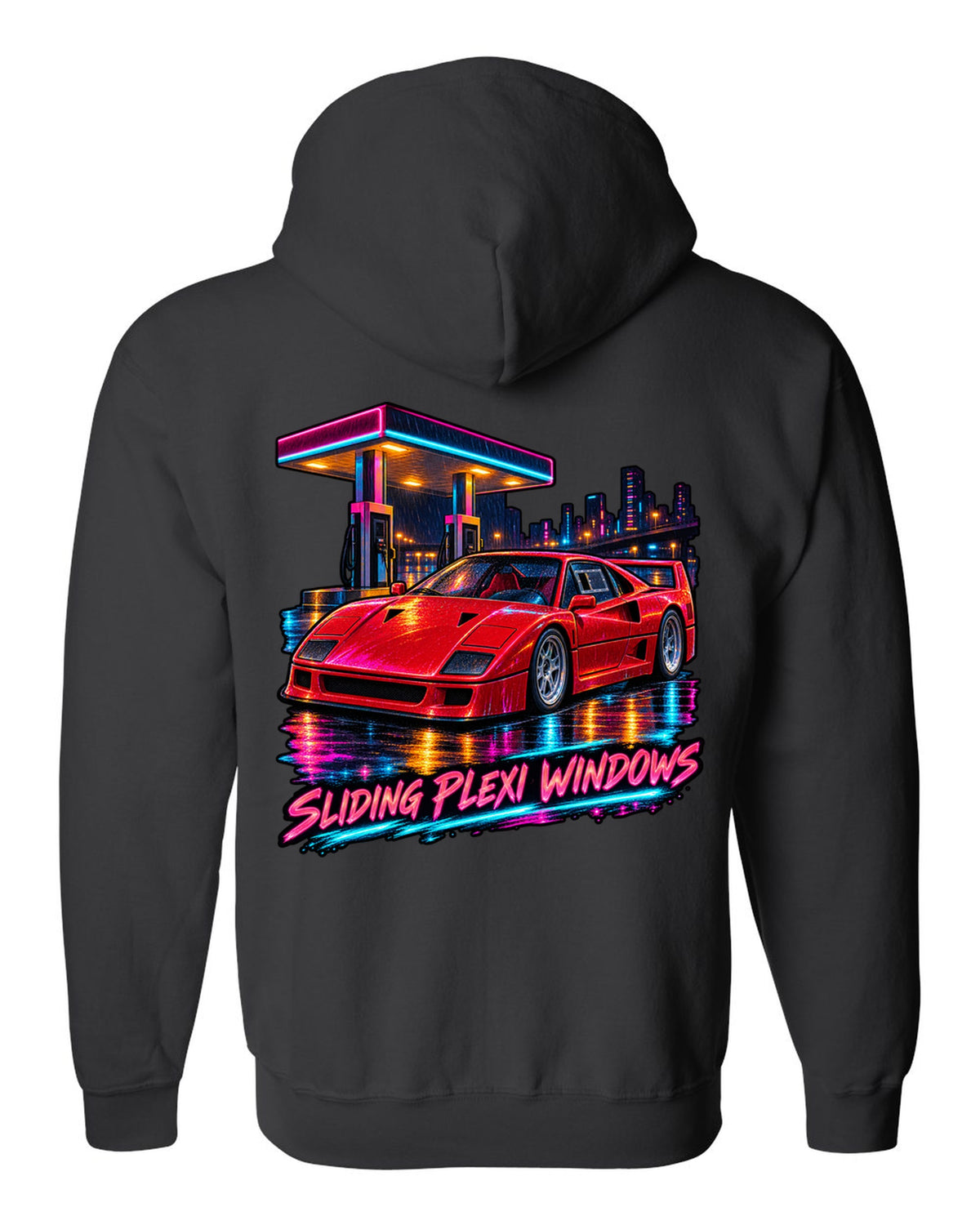 Neon night-city gouache print of a 1987 Ferrari F40 F120 with sliding plexi windows text black zip hoodie back view with the design