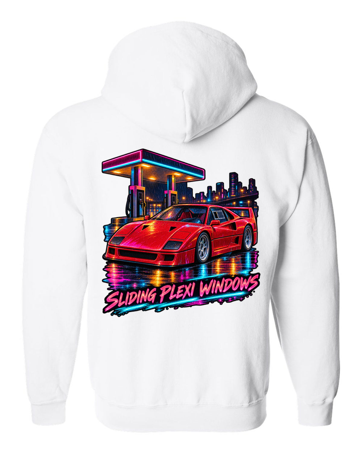 Neon night-city gouache print of a 1987 Ferrari F40 F120 with sliding plexi windows text white zip hoodie back view with the design