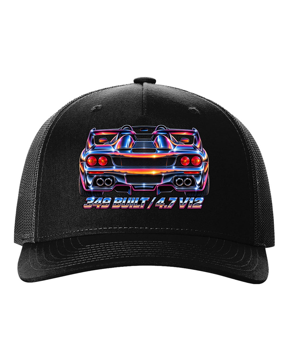 1980s airbrush chrome rear view print of a 1995 Ferrari F50 F130 with 349 built and 4.7 V12 text black hat front view with the design