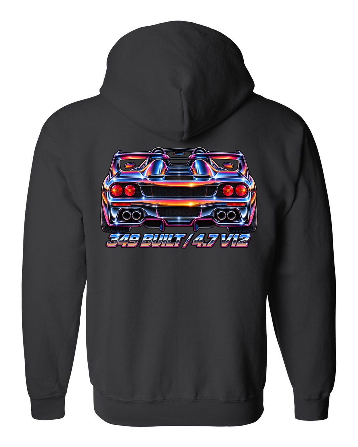 1980s airbrush chrome rear view print of a 1995 Ferrari F50 F130 with 349 built and 4.7 V12 text black zip hoodie back view with the design