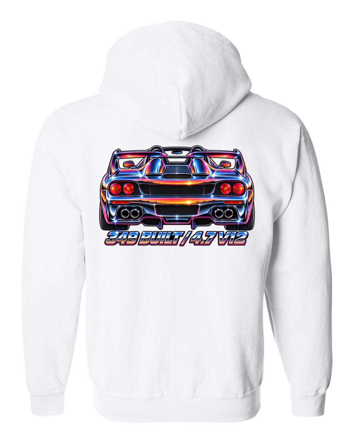 1980s airbrush chrome rear view print of a 1995 Ferrari F50 F130 with 349 built and 4.7 V12 text white zip hoodie back view with the design
