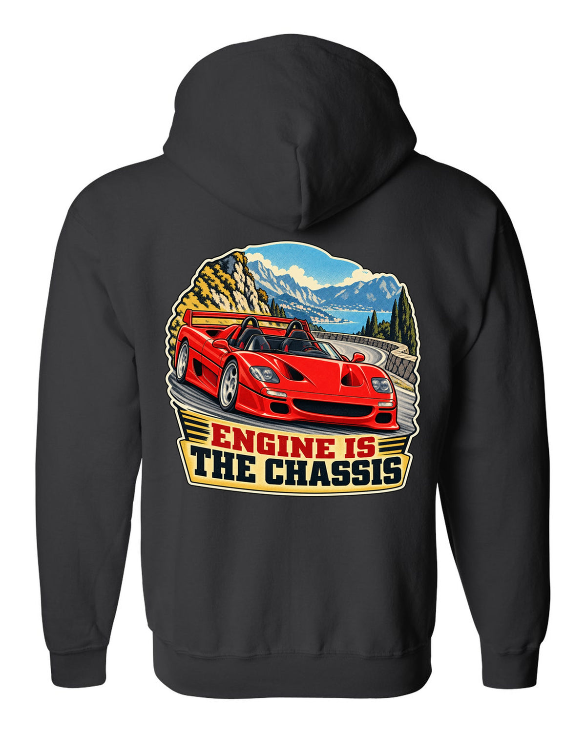 Retro race-programme print of a 1995 Ferrari F50 F130 with roof off on a mountain pass and engine is the chassis text black zip hoodie back view with the design