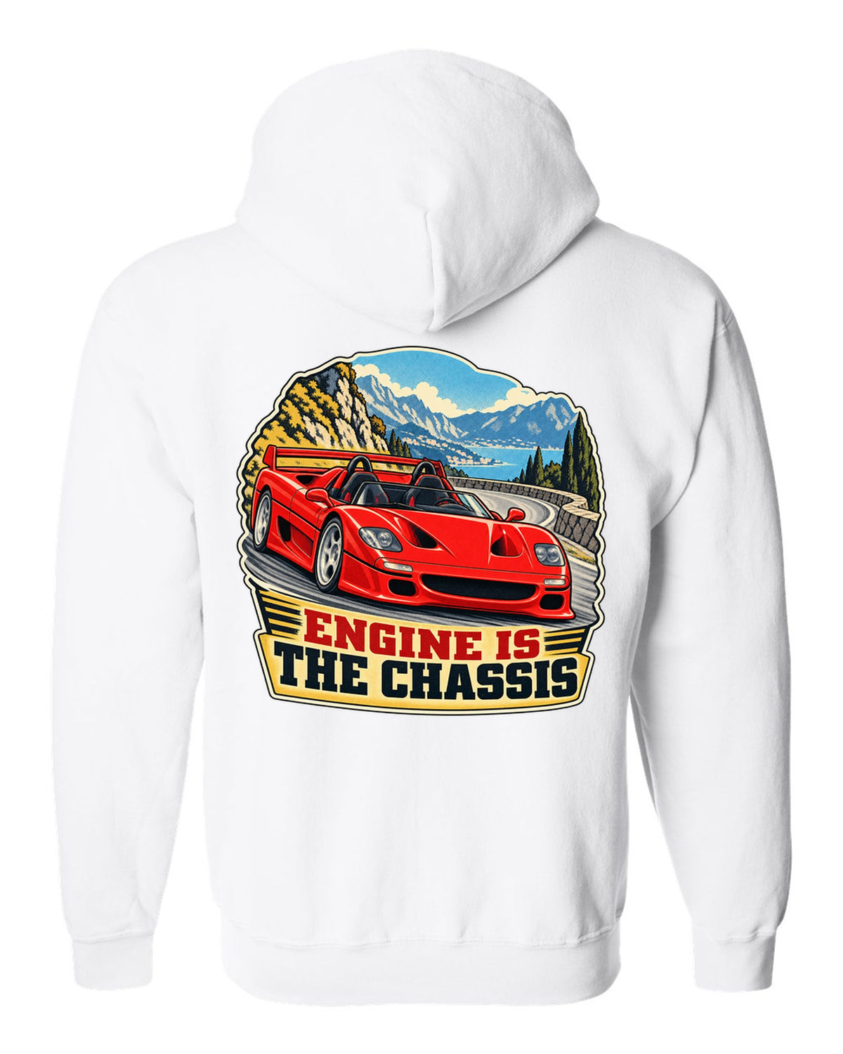 Retro race-programme print of a 1995 Ferrari F50 F130 with roof off on a mountain pass and engine is the chassis text white zip hoodie back view with the design