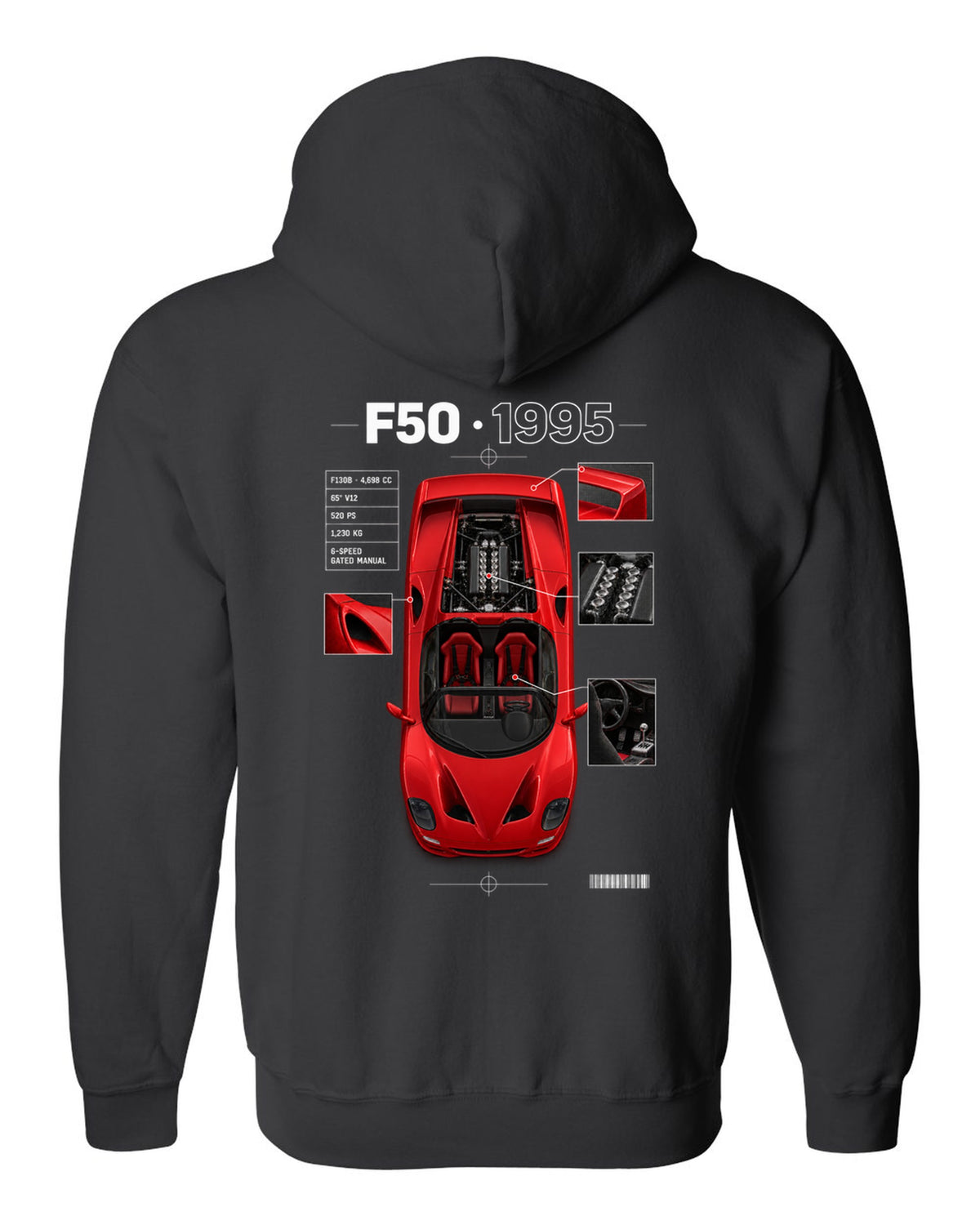 Ferrari F50 1995 top-down plan spec poster print, F130B 4,698 cc V12, 520 PS black zip hoodie back view with the design