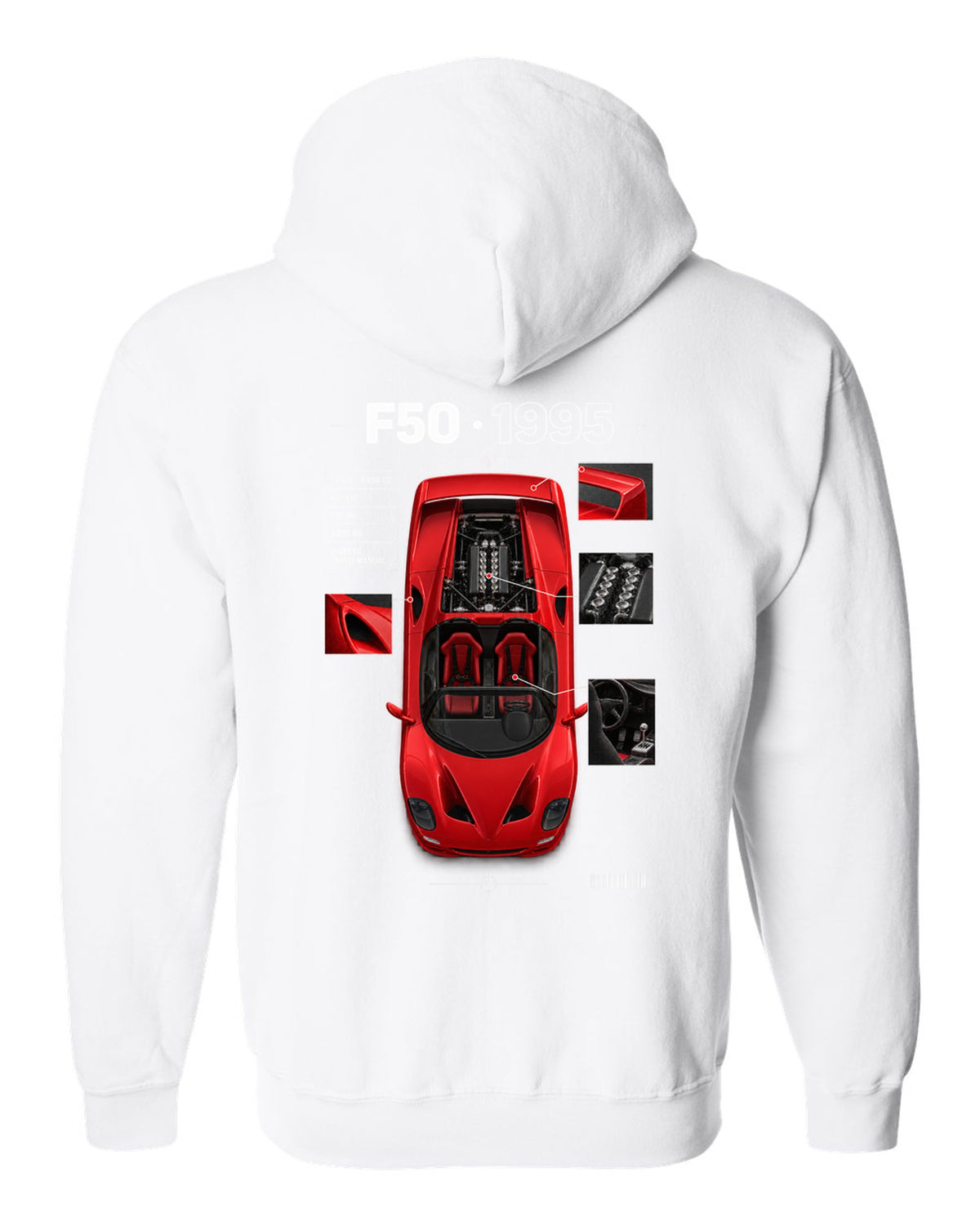 Ferrari F50 1995 top-down plan spec poster print, F130B 4,698 cc V12, 520 PS white zip hoodie back view with the design