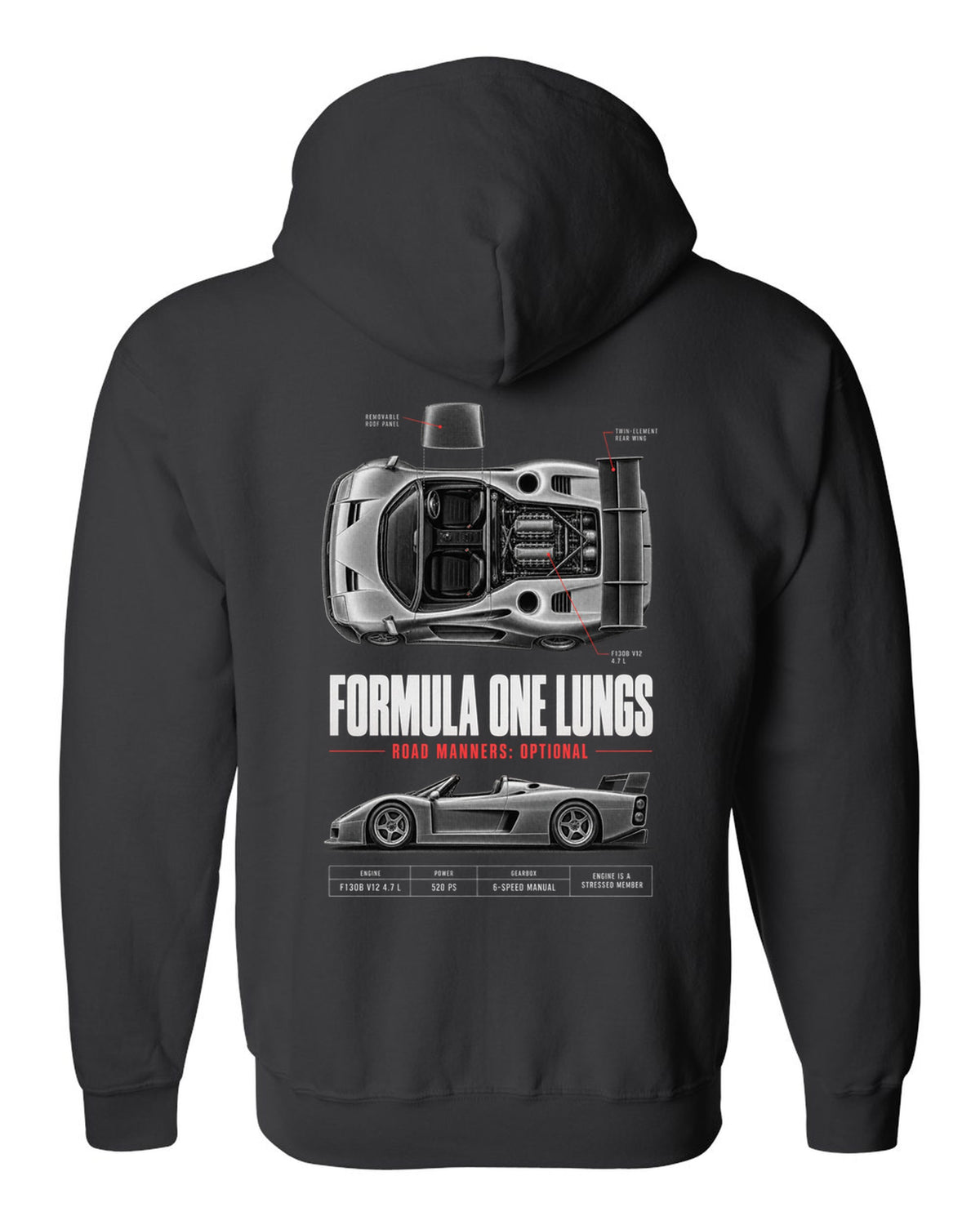 Ferrari F50 1995 top-down and profile spec poster print, F130B V12 4.7 L black zip hoodie back view with the design