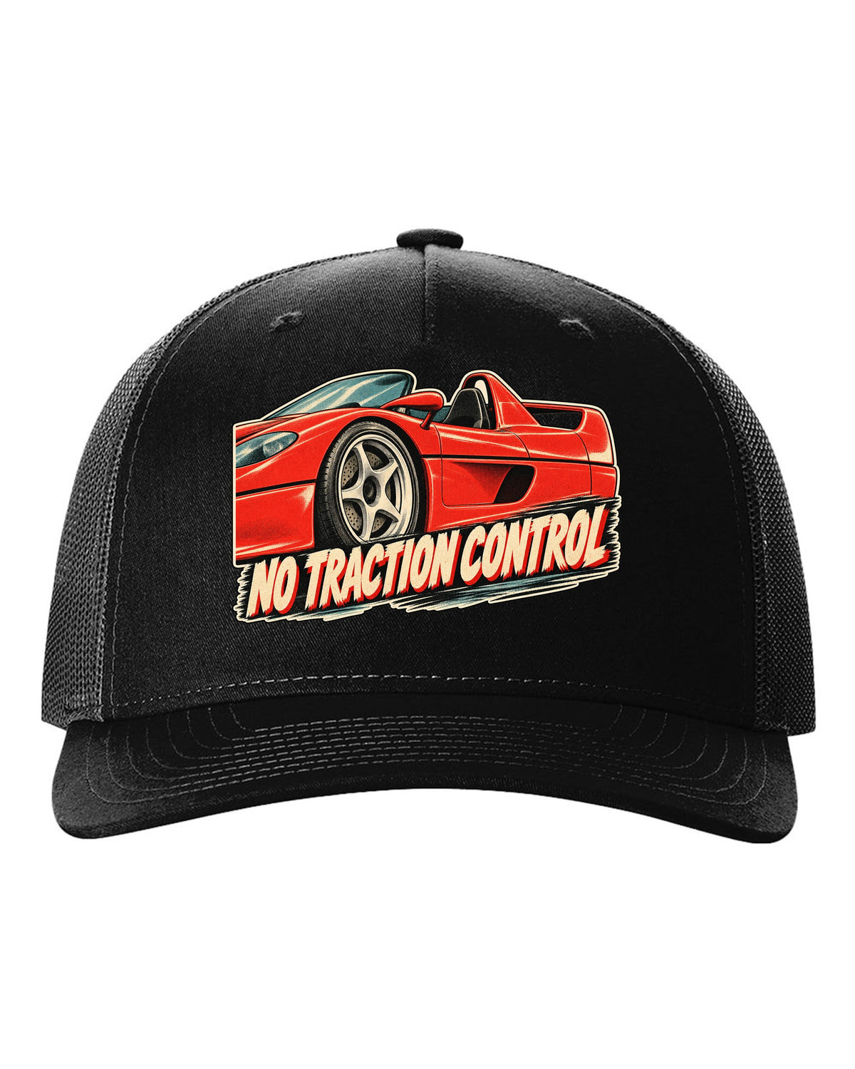 Retro Japanese showa advert style print of a 1995 Ferrari F50 F130 with no traction control text black hat front view with the design