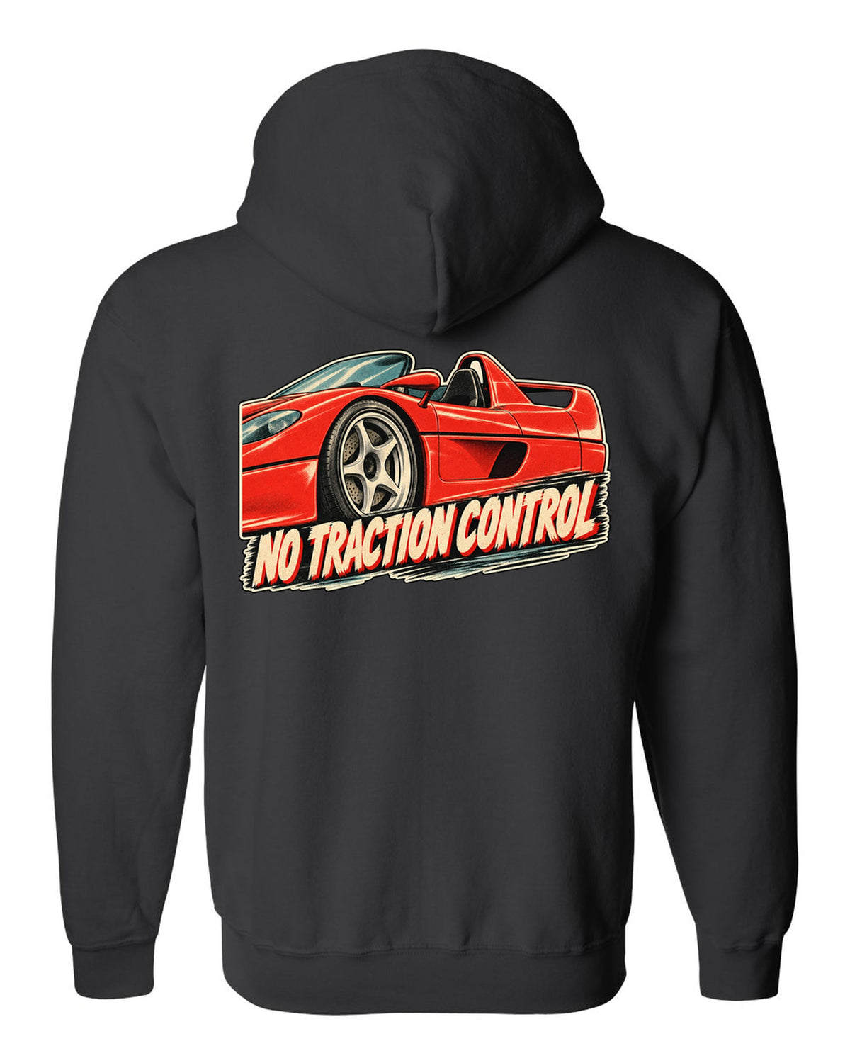 Retro Japanese showa advert style print of a 1995 Ferrari F50 F130 with no traction control text black zip hoodie back view with the design