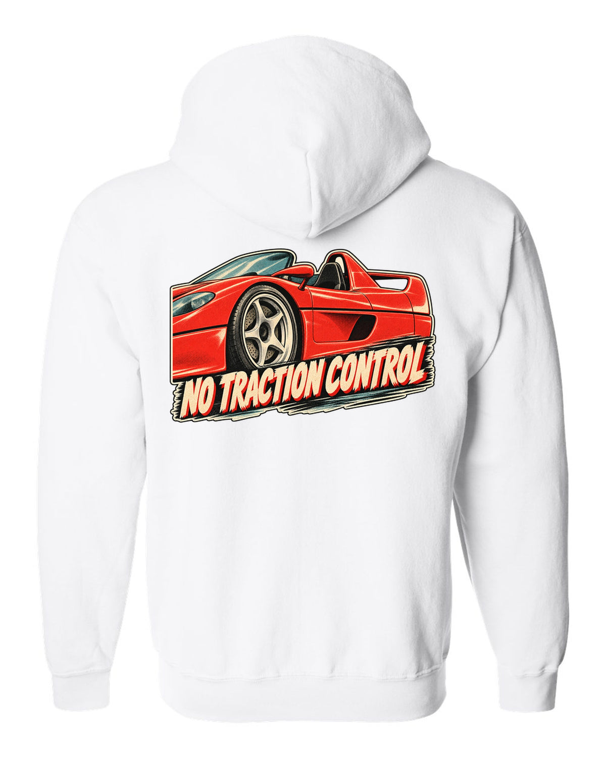 Retro Japanese showa advert style print of a 1995 Ferrari F50 F130 with no traction control text white zip hoodie back view with the design