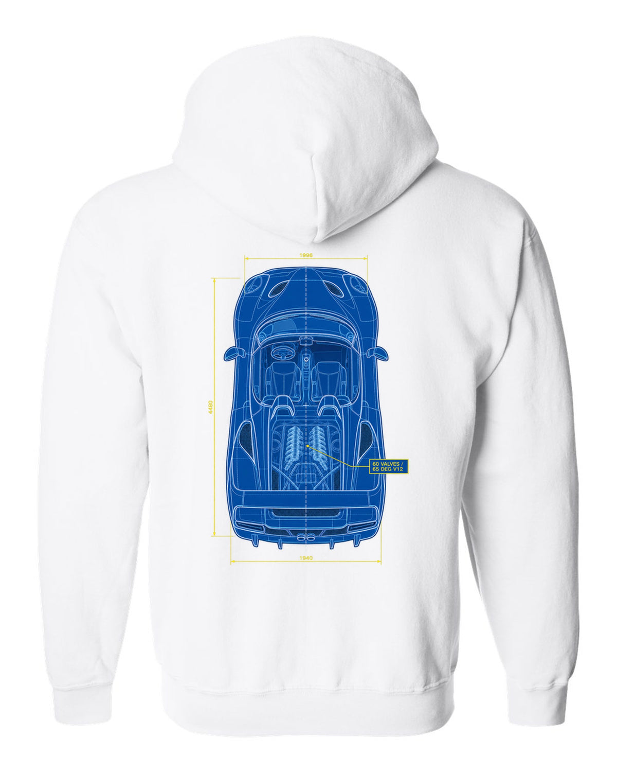Top-down plan blueprint print of a 1995 Ferrari F50 F130 with 60 valves and 65 degree V12 text white zip hoodie back view with the design