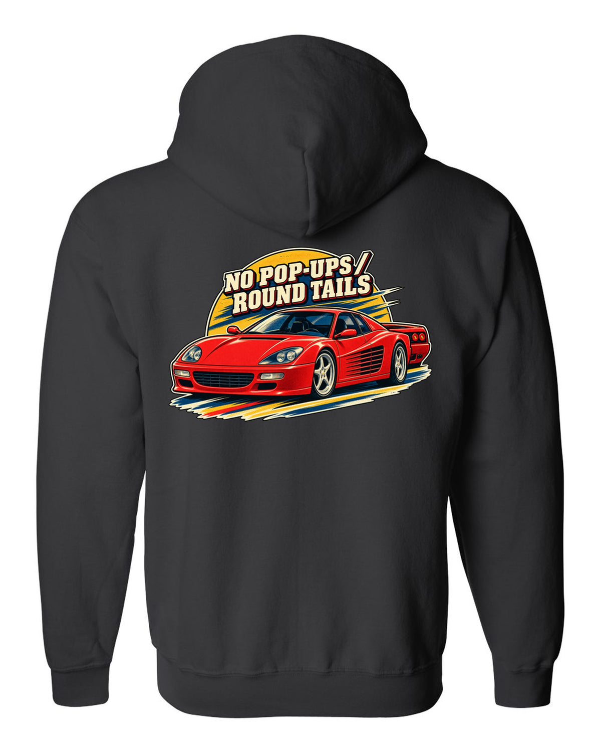 Retro race programme illustration print of the Ferrari F512 M with the text no pop-ups, round tails black zip hoodie back view with the design