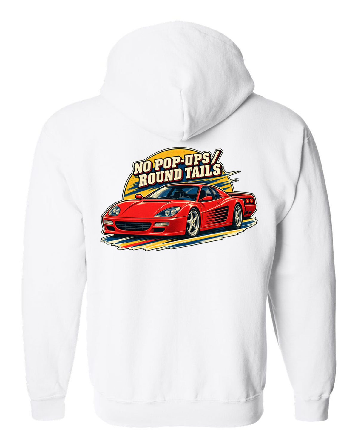 Retro race programme illustration print of the Ferrari F512 M with the text no pop-ups, round tails white zip hoodie back view with the design