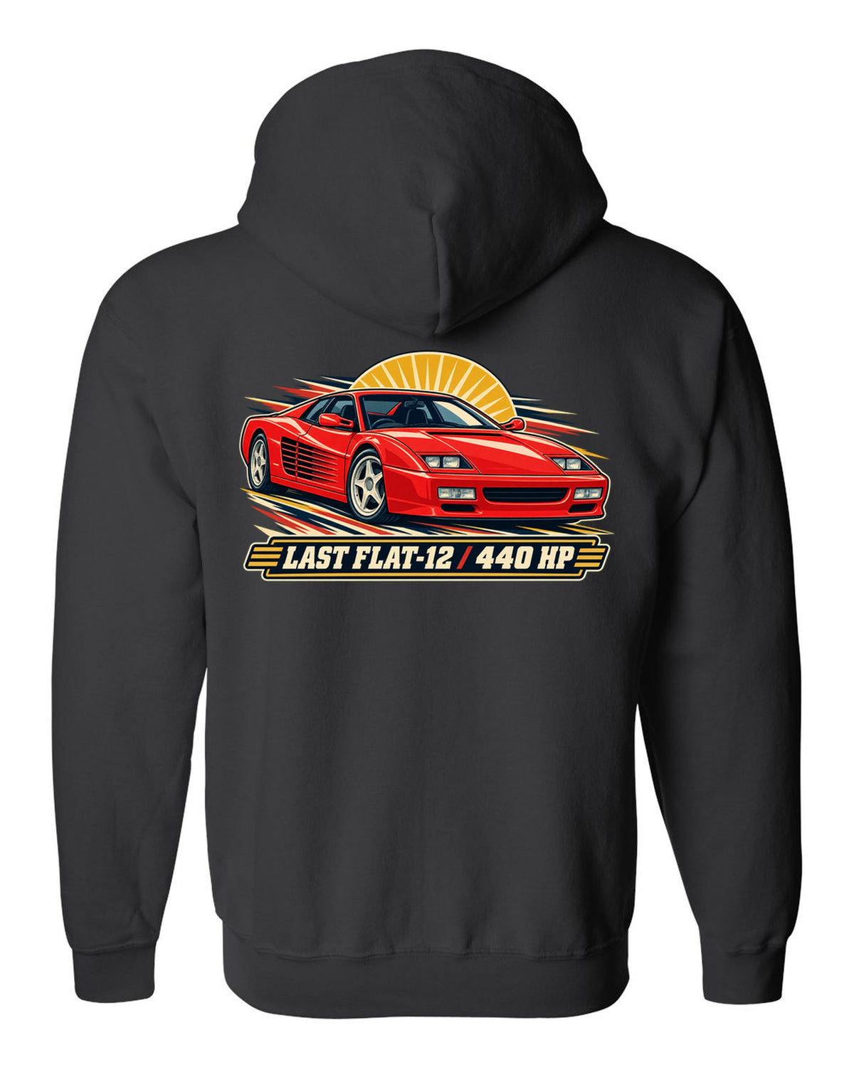 Retro race programme illustration print of the Ferrari F512 M with the text last flat-12, 440 HP black zip hoodie back view with the design