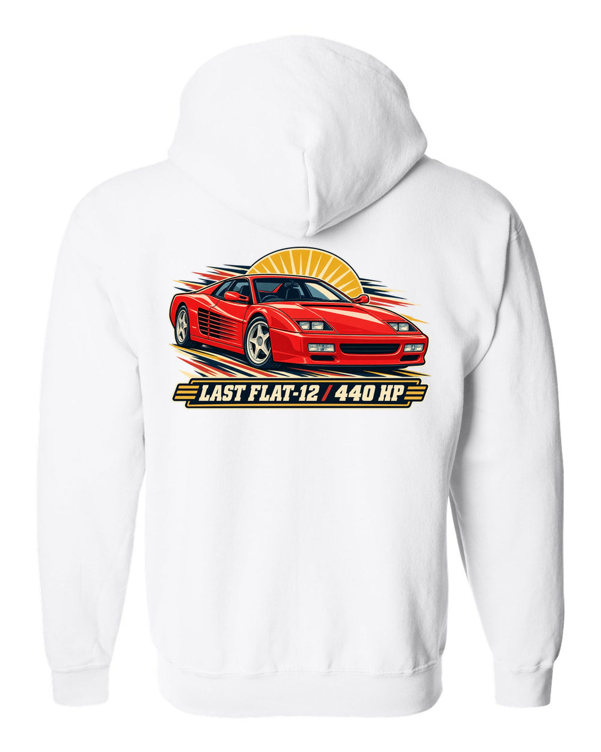 Retro race programme illustration print of the Ferrari F512 M with the text last flat-12, 440 HP white zip hoodie back view with the design