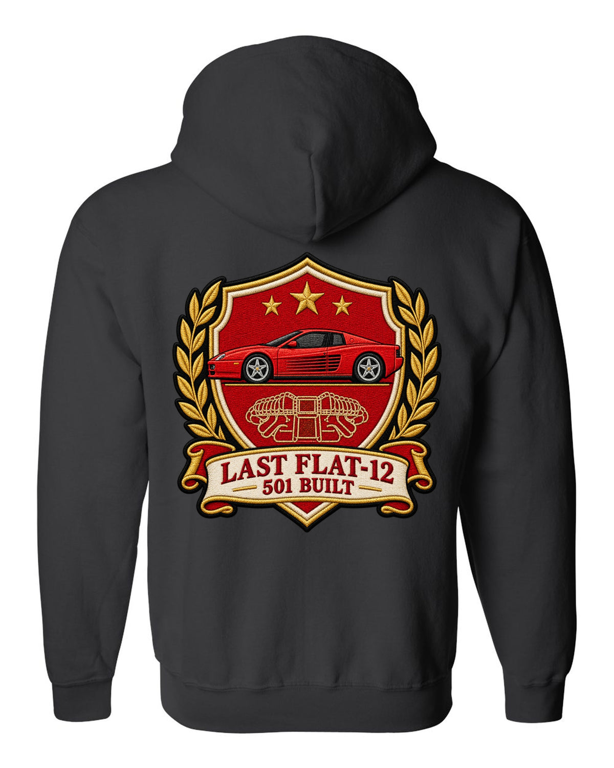Varsity crest print for the Ferrari F512 M with the text last flat-12, 501 built black zip hoodie back view with the design