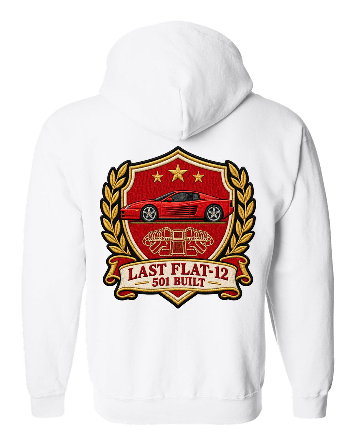 Varsity crest print for the Ferrari F512 M with the text last flat-12, 501 built white zip hoodie back view with the design