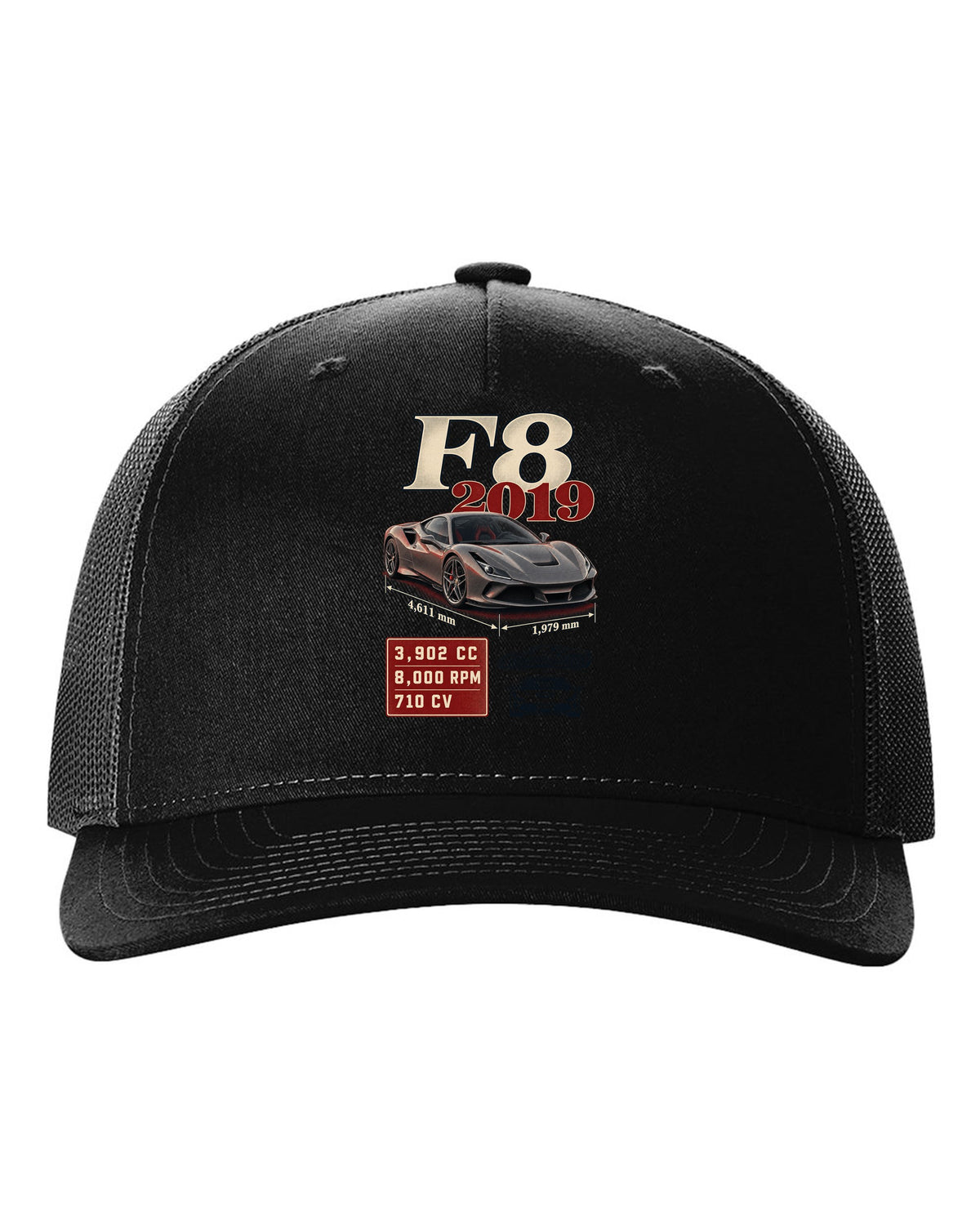 Ferrari F8 Tributo archive panel print listing 3,902 cc, 8,000 rpm, 710 CV black hat front view with the design