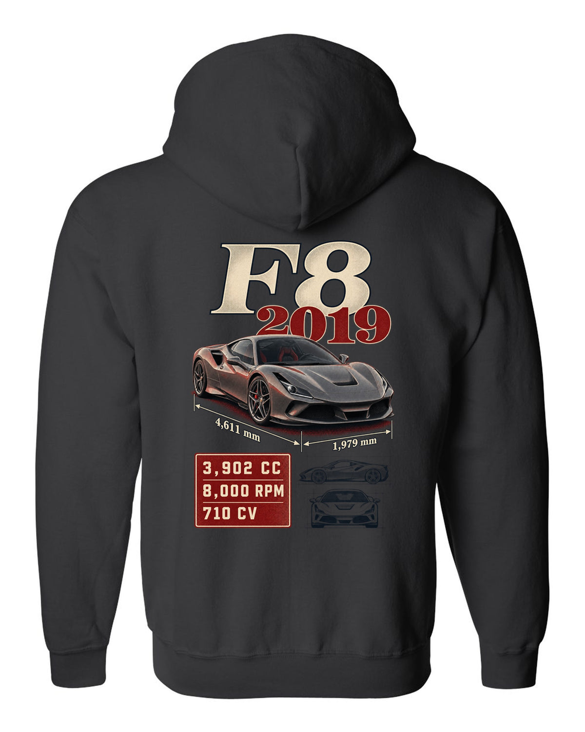 Ferrari F8 Tributo archive panel print listing 3,902 cc, 8,000 rpm, 710 CV black zip hoodie back view with the design