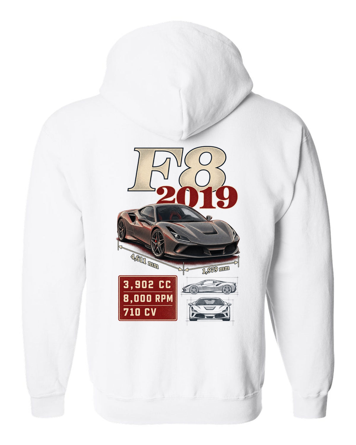 Ferrari F8 Tributo archive panel print listing 3,902 cc, 8,000 rpm, 710 CV white zip hoodie back view with the design