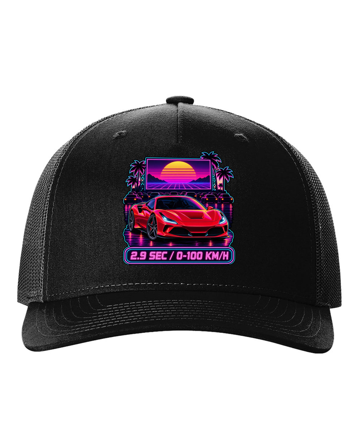 Synthwave outrun drive-in scene with Ferrari F8 Tributo and 2.9 sec text black hat front view with the design