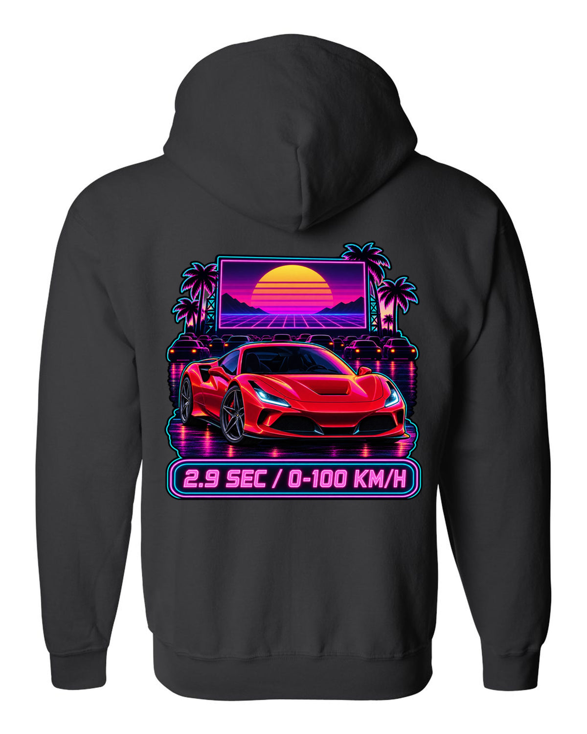 Synthwave outrun drive-in scene with Ferrari F8 Tributo and 2.9 sec text black zip hoodie back view with the design