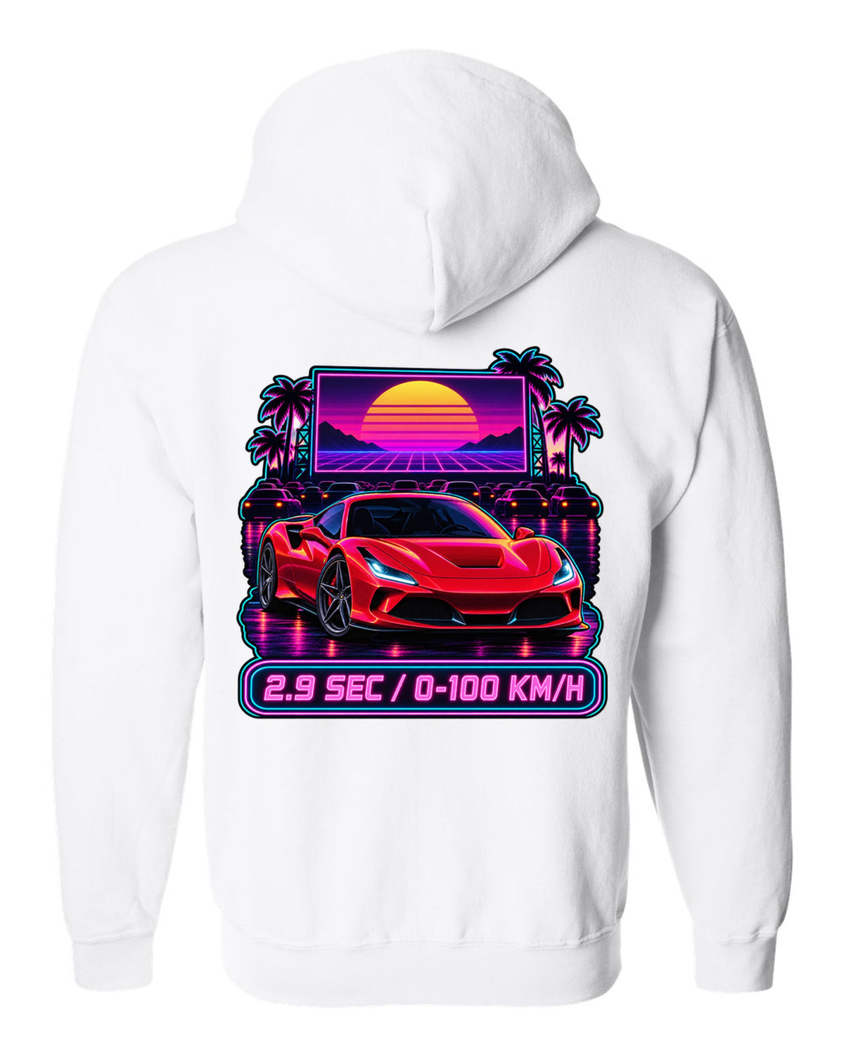 Synthwave outrun drive-in scene with Ferrari F8 Tributo and 2.9 sec text white zip hoodie back view with the design