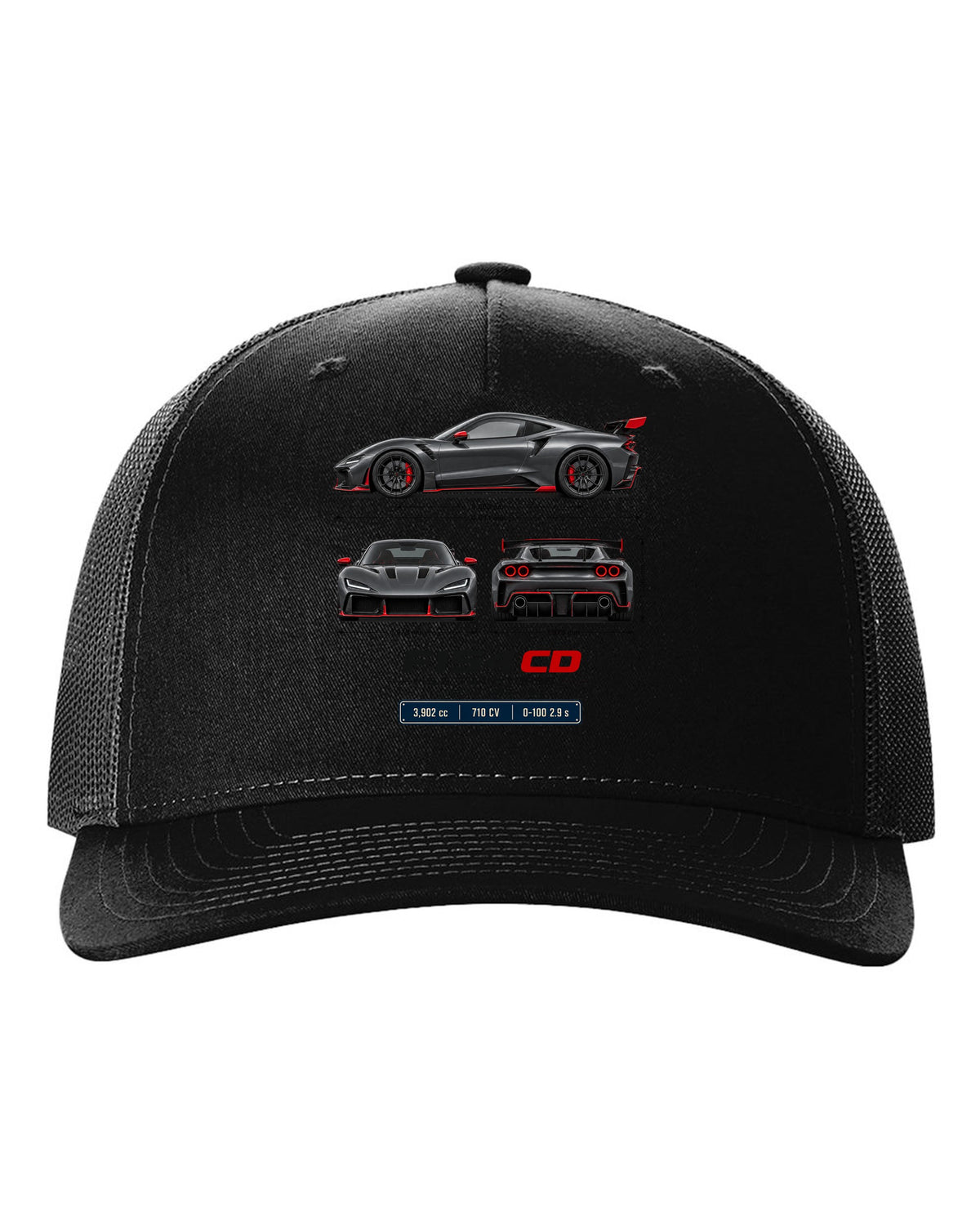 Ferrari F8 Tributo three-view spec table print with F154 CD engine code black hat front view with the design