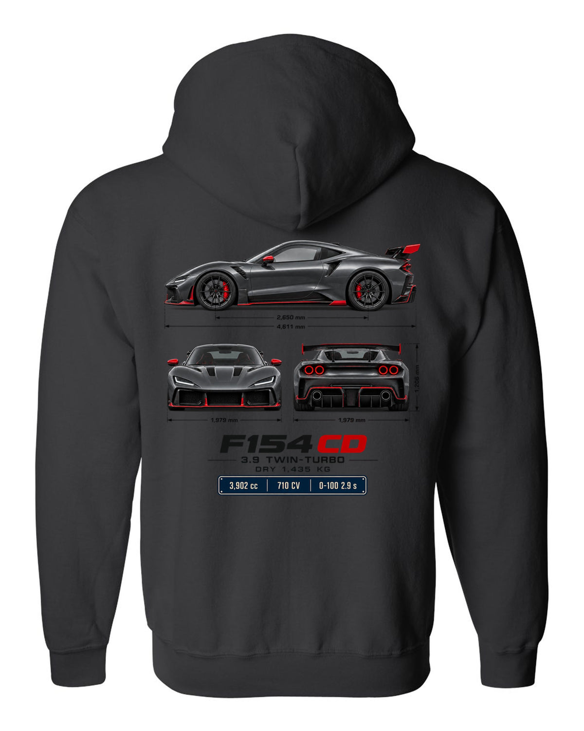 Ferrari F8 Tributo three-view spec table print with F154 CD engine code black zip hoodie back view with the design