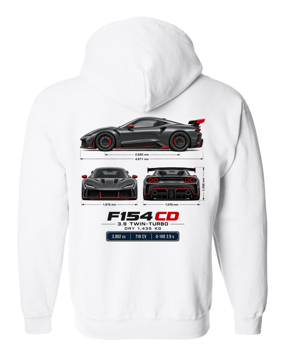 Ferrari F8 Tributo three-view spec table print with F154 CD engine code white zip hoodie back view with the design