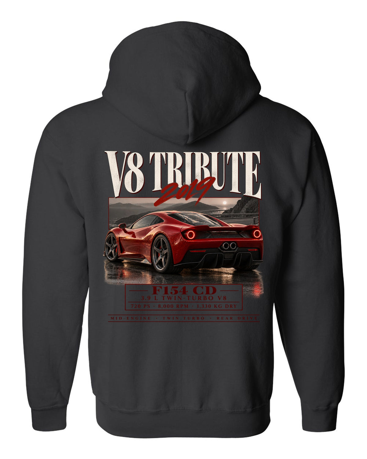 Archive panel print of a Ferrari F8 Tributo listing 3.9 L twin-turbo V8, 720 PS and 1,330 kg dry black zip hoodie back view with the design