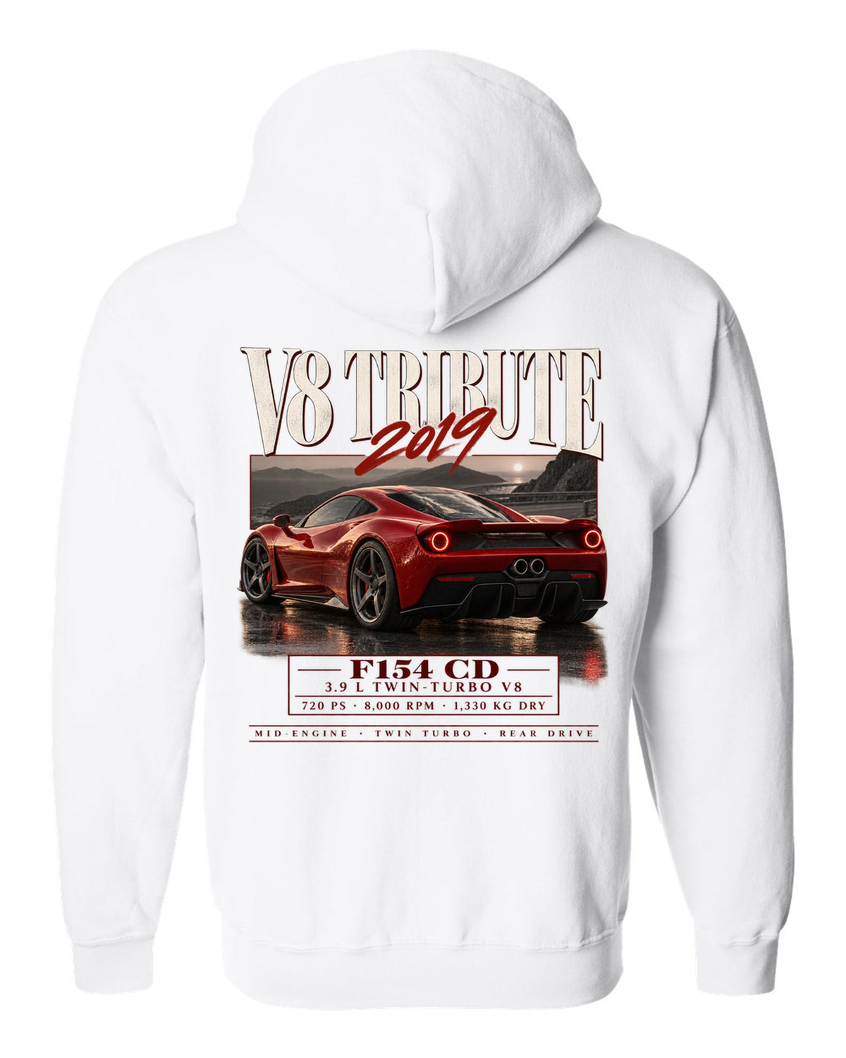 Archive panel print of a Ferrari F8 Tributo listing 3.9 L twin-turbo V8, 720 PS and 1,330 kg dry white zip hoodie back view with the design