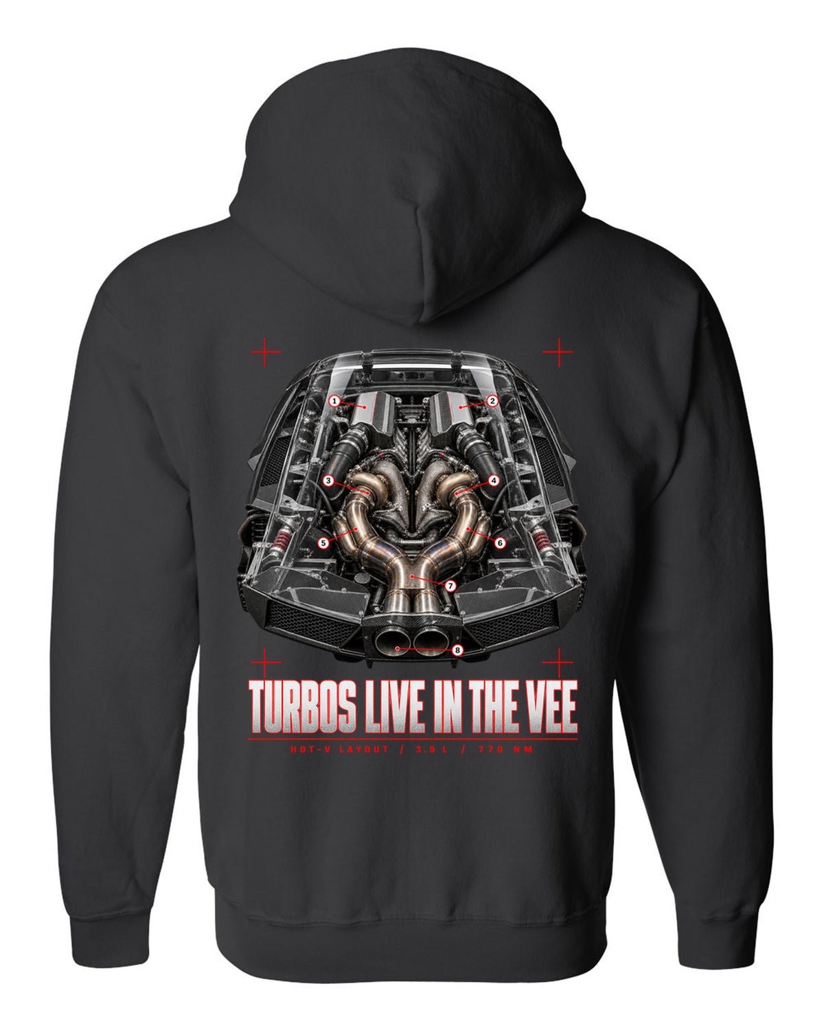 Engine cover callout print of a Ferrari F8 Tributo with hot-V layout, 3.9 L and 770 Nm black zip hoodie back view with the design