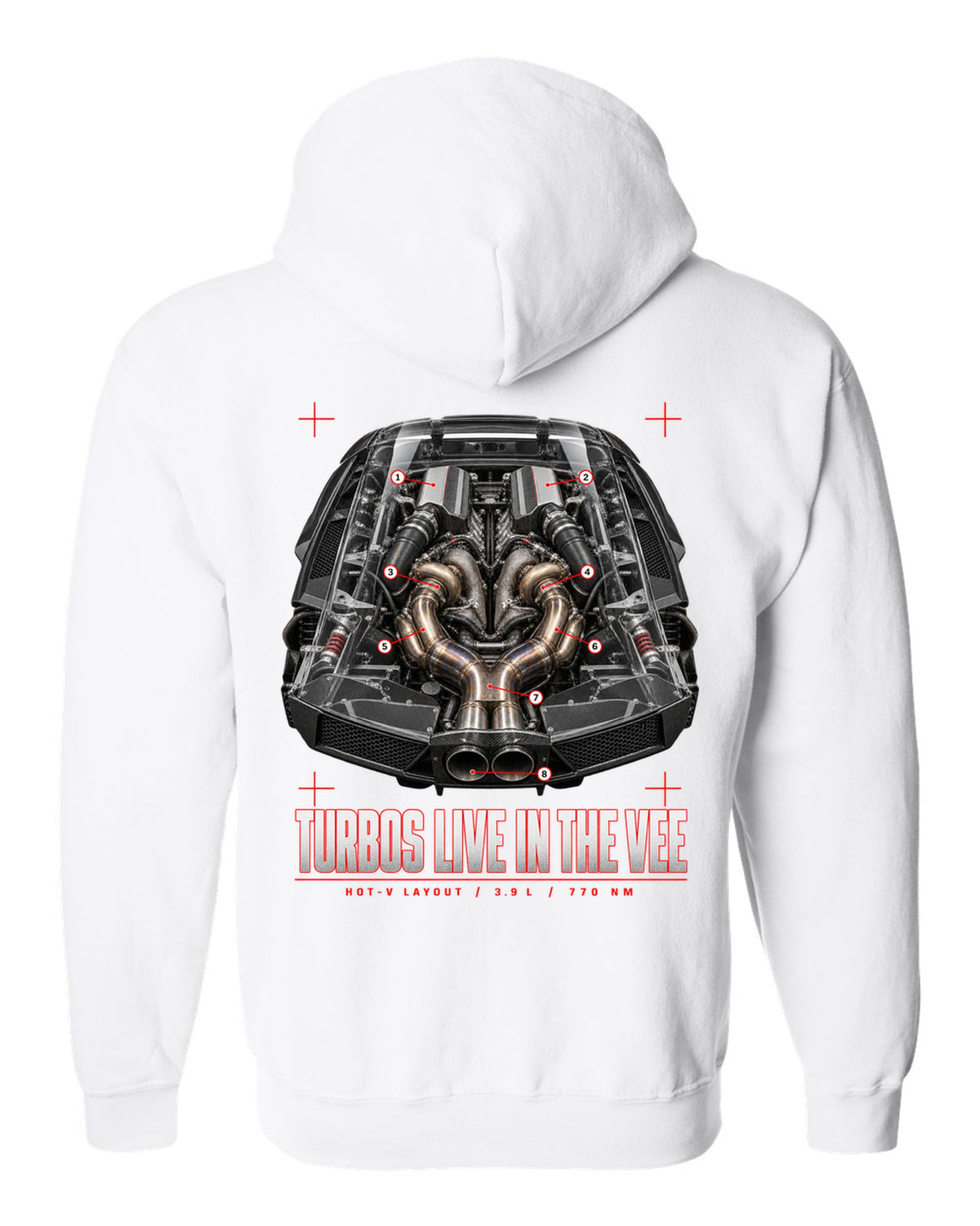 Engine cover callout print of a Ferrari F8 Tributo with hot-V layout, 3.9 L and 770 Nm white zip hoodie back view with the design