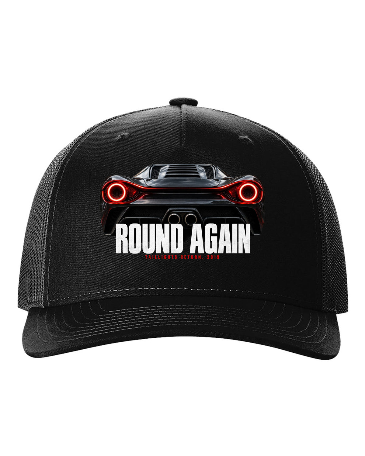Macro print of Ferrari F8 Tributo round taillights with the text Round Again, Taillights Return, 2019 black hat front view with the design