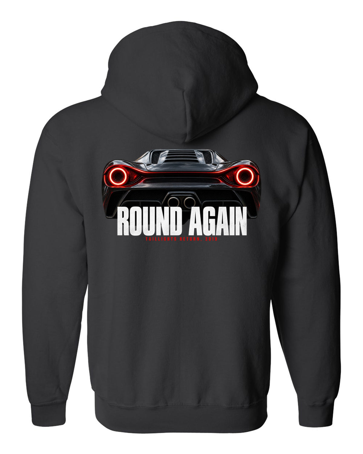Macro print of Ferrari F8 Tributo round taillights with the text Round Again, Taillights Return, 2019 black zip hoodie back view with the design