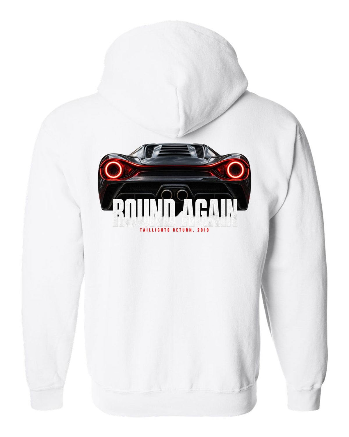 Macro print of Ferrari F8 Tributo round taillights with the text Round Again, Taillights Return, 2019 white zip hoodie back view with the design