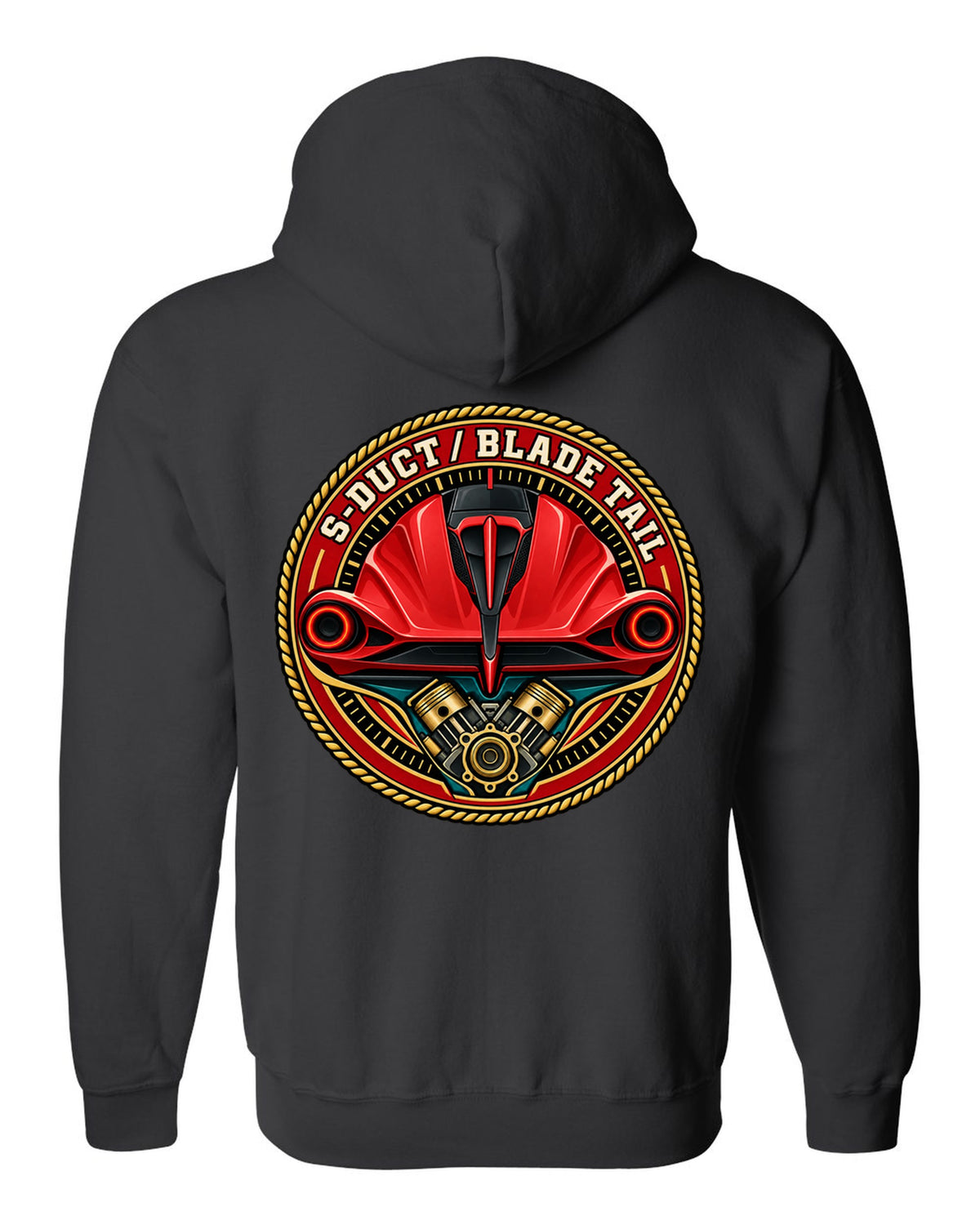 Round crest print for the Ferrari F8 Tributo with S-Duct and Blade Tail lettering black zip hoodie back view with the design