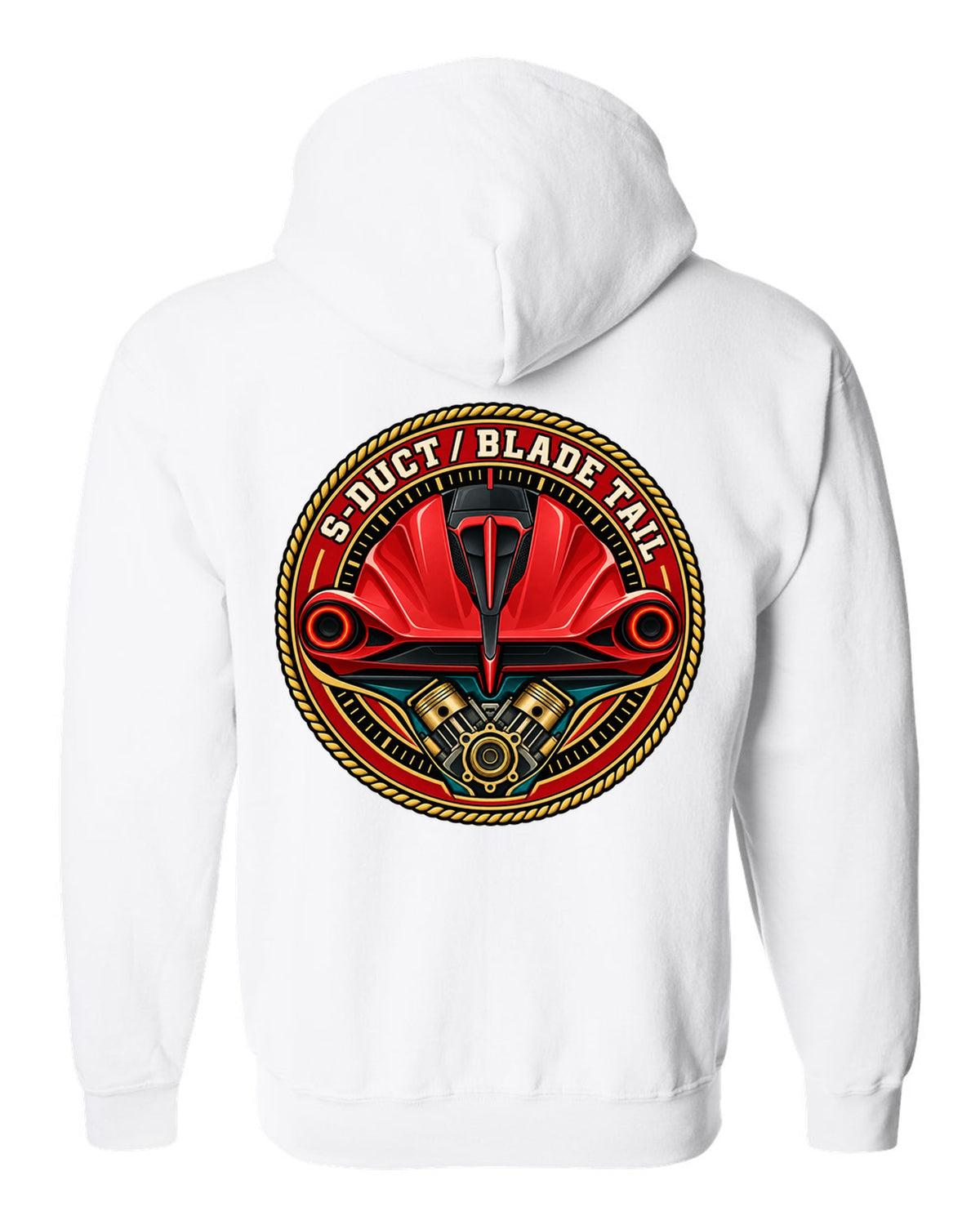 Round crest print for the Ferrari F8 Tributo with S-Duct and Blade Tail lettering white zip hoodie back view with the design