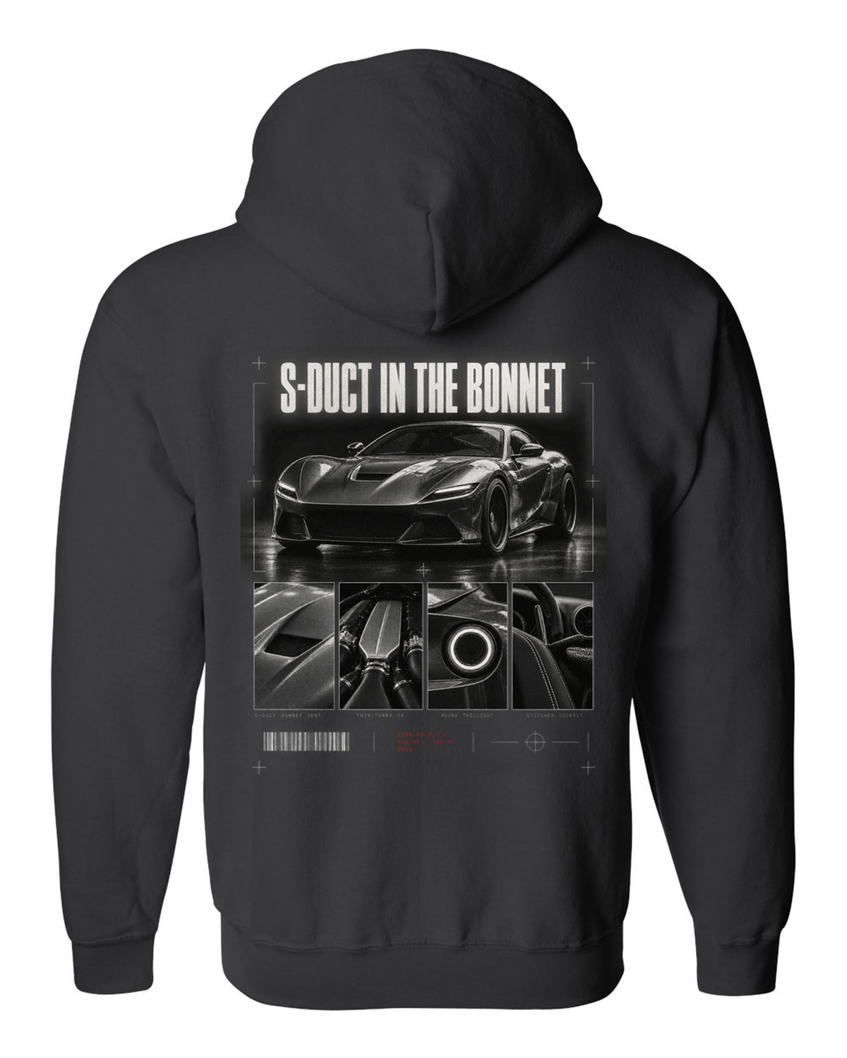 Dossier panel print of a Ferrari F8 Tributo with S-duct in the bonnet and 720 PS text black zip hoodie back view with the design