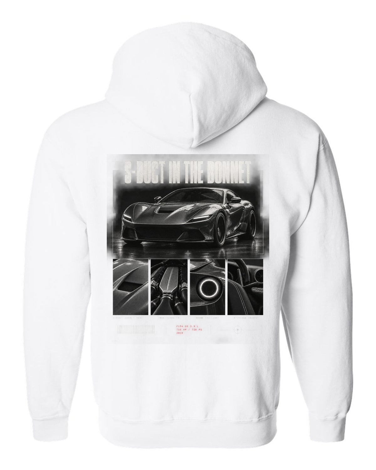 Dossier panel print of a Ferrari F8 Tributo with S-duct in the bonnet and 720 PS text white zip hoodie back view with the design