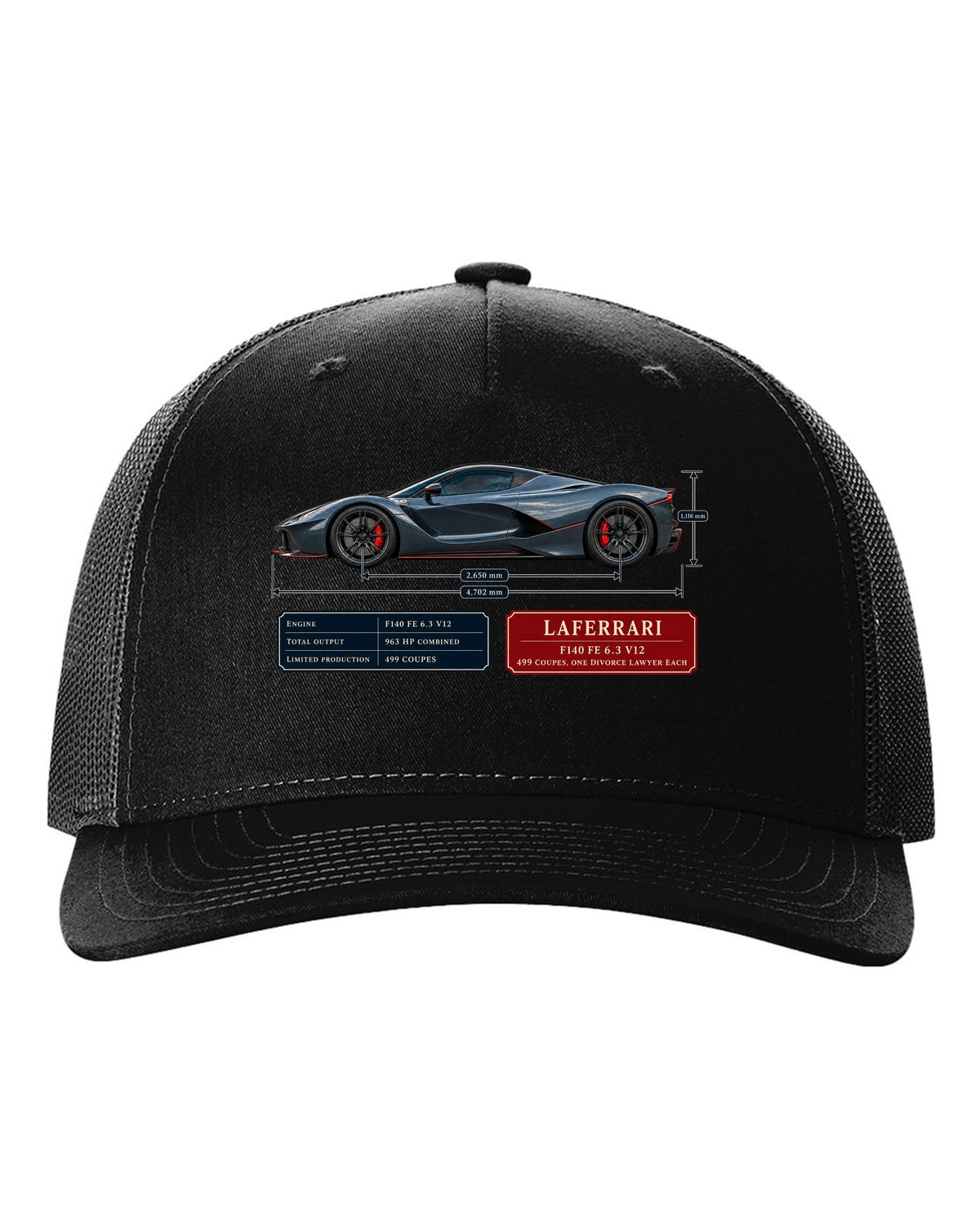 Ferrari LaFerrari dimension blueprint print with F140 FE 6.3 V12 text black hat front view with the design