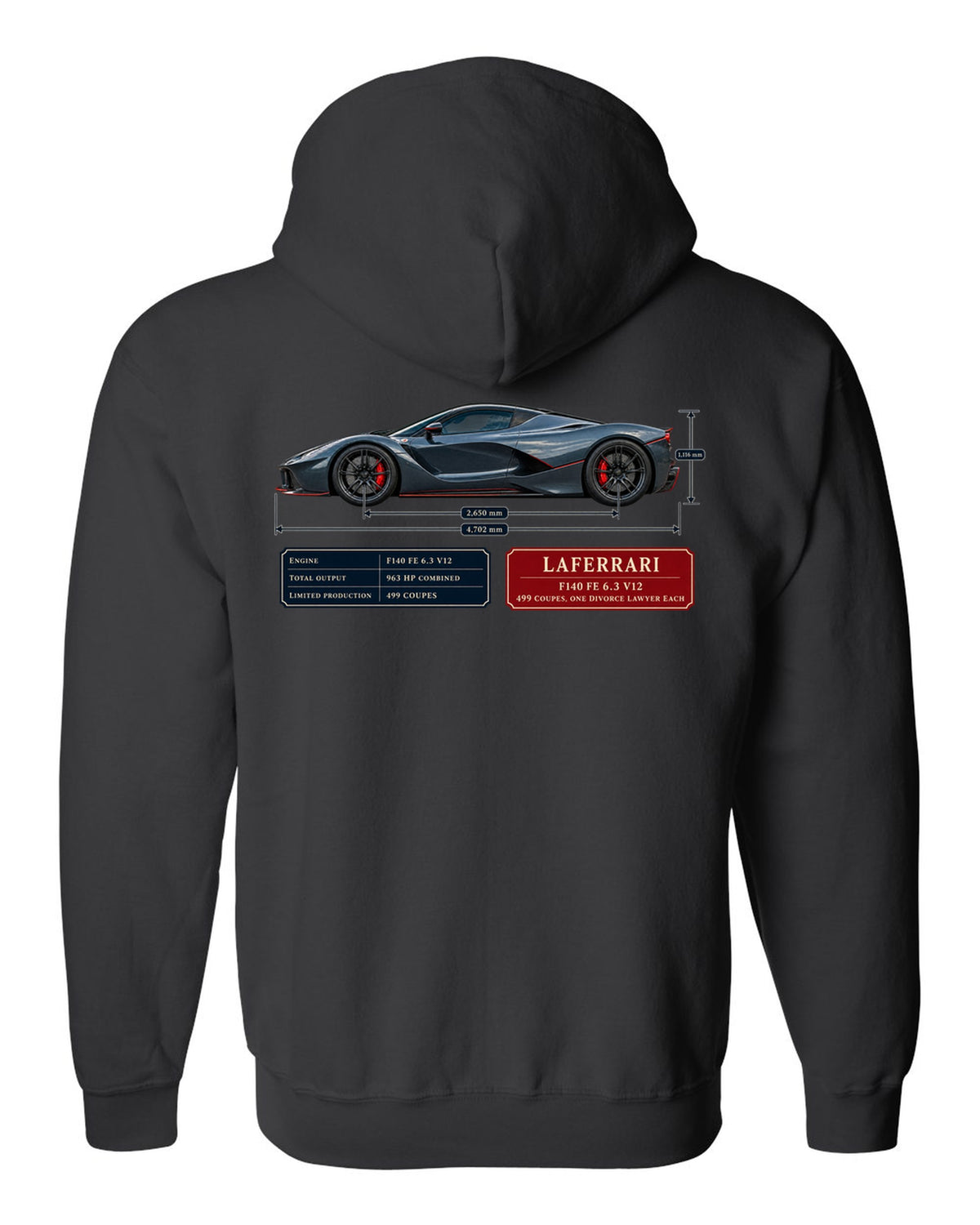 Ferrari LaFerrari dimension blueprint print with F140 FE 6.3 V12 text black zip hoodie back view with the design